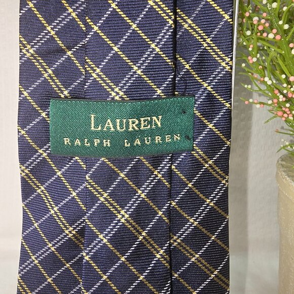 LAUREN RALPH LAUREN HAND FINISHED IMPORTED SILK TIE BLUE WITH GOLD PLAID EUC - Picture 4 of 7